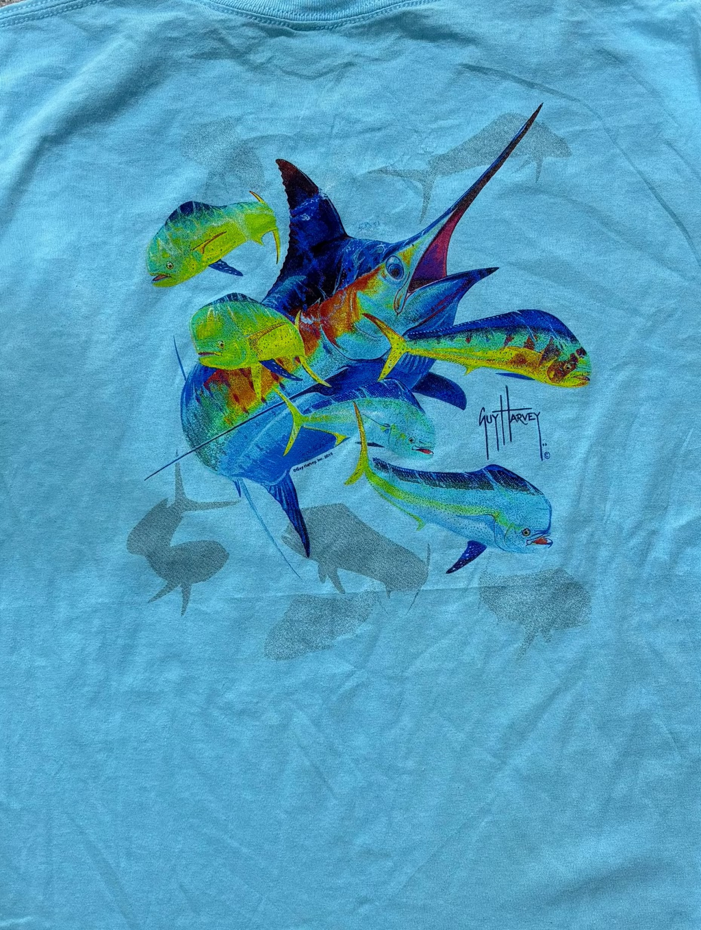 Guy Harvey Tee Blue Crew Neck Short Sleeve Graphic Print - Large