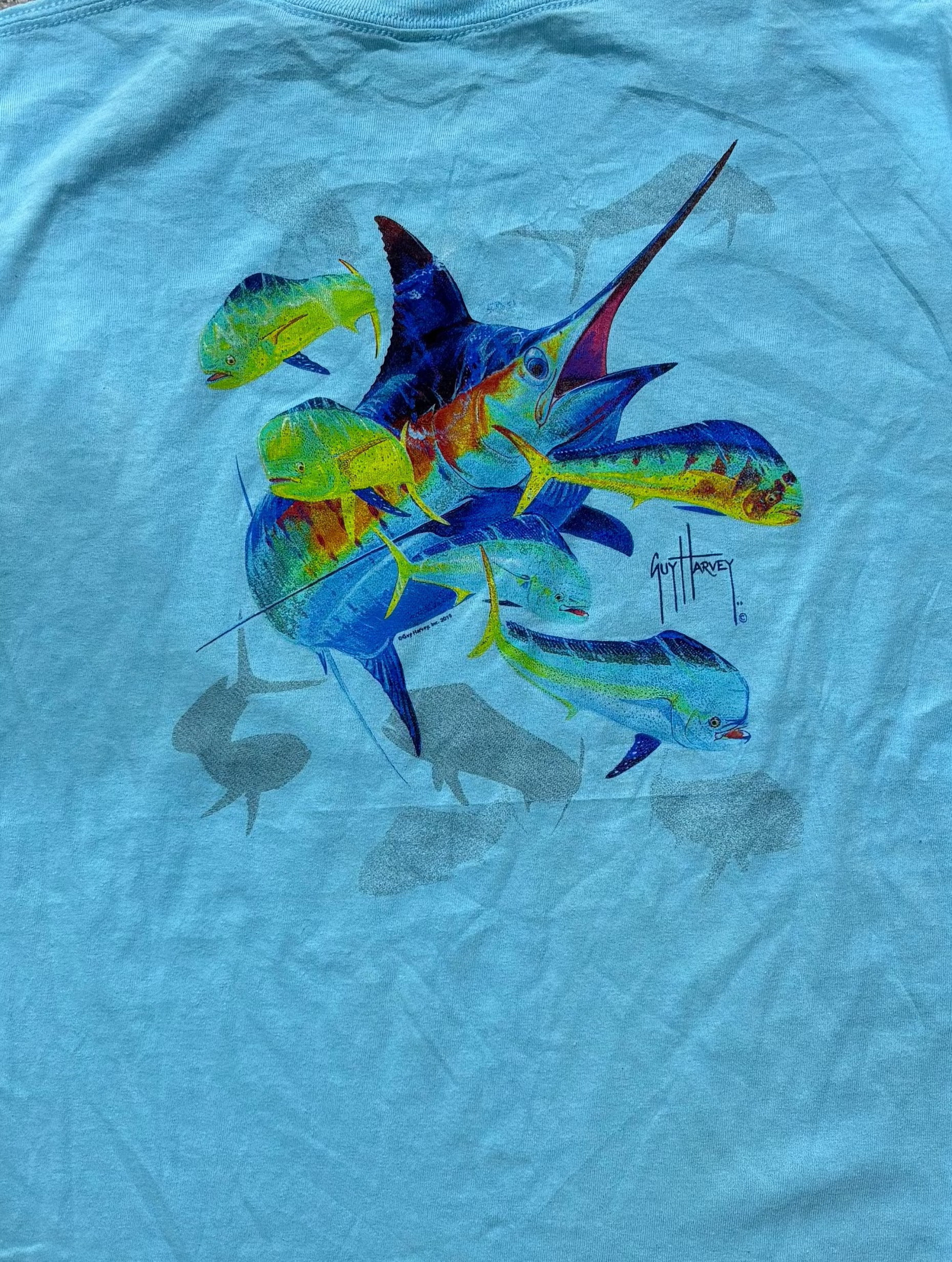 Guy Harvey Tee Blue Crew Neck Short Sleeve Graphic Print - Large